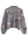 Maglione in maglia ricamato con stampa floreale digitale in grigio