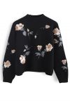 Maglione in maglia ricamato con stampa floreale digitale in nero
