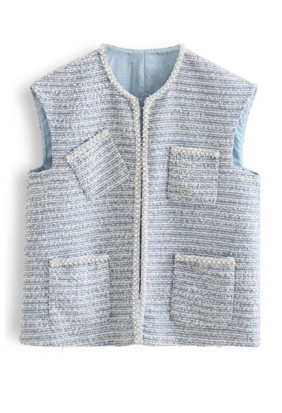 Gilet in tweed con tasche con bordi perlati in blu