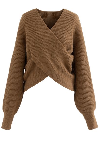 Maglione corto in maglia a coste incrociate color caramello