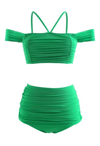 Set bikini con spalle scoperte in rete arricciata in verde