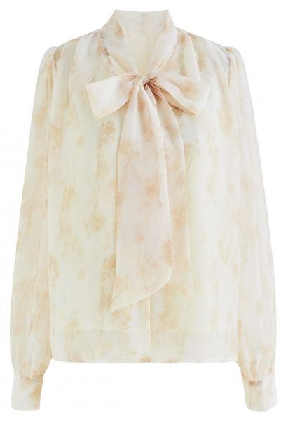Camicia semitrasparente con fiocco floreale acquerello in albicocca