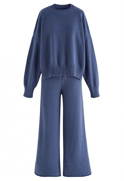 Set di maglione Hi-Lo a maglia waffle e pantaloni a gamba larga in blu