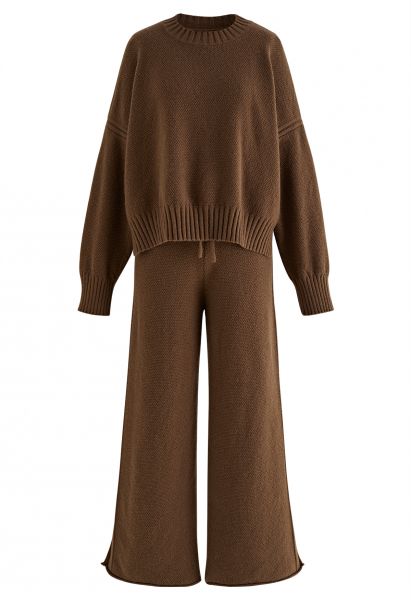 Set di maglione Hi-Lo a maglia waffle e pantaloni a gamba larga in marrone