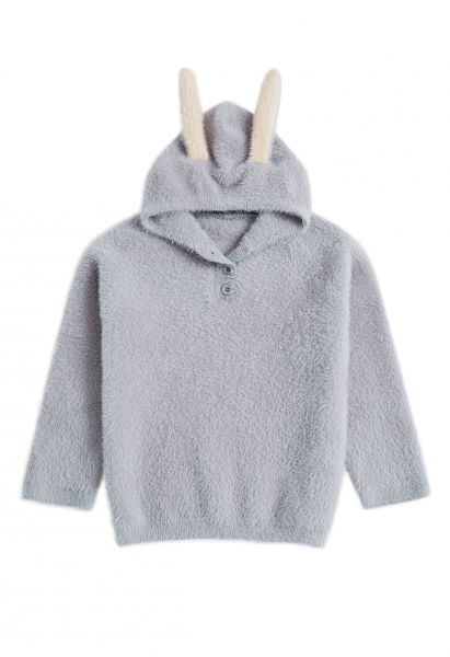 Maglione con cappuccio in maglia pelosa adorabile coniglietto in grigio per bambini