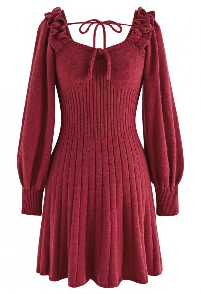 Mini abito in maglia con scollo rotondo e fiocco in rosso