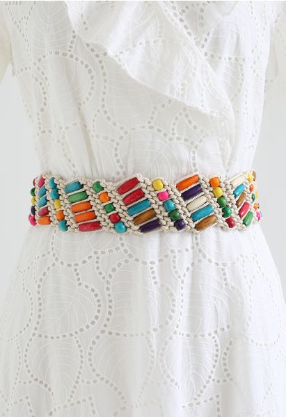 Cintura intrecciata con perline di legno colorate in avorio