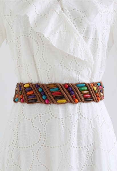 Cintura intrecciata con perline di legno colorate in marrone
