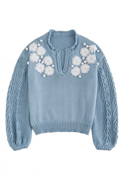 Maglione in maglia blu con scollo a V e punto floreale Blooming Passion