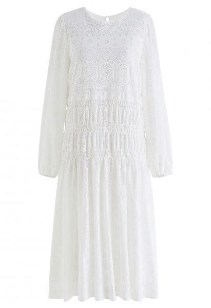 Delicate Floral Cutwork Midi Dress in White