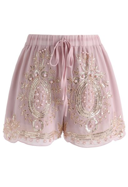 Pantaloncini di chiffon con rifiniture di perle brillanti in rosa