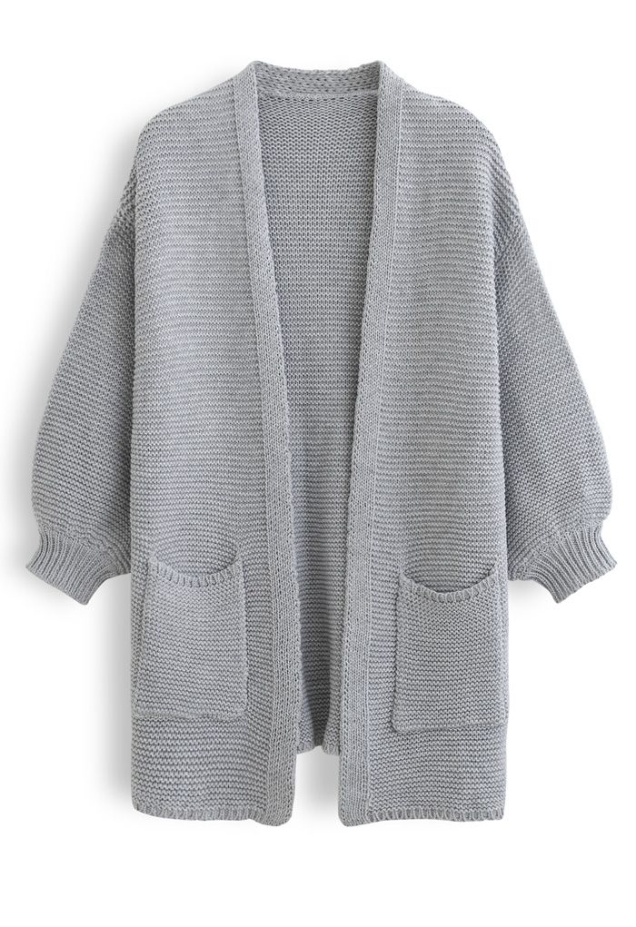 Cardigan in maglia con tasche frontali aperte di base in grigio
