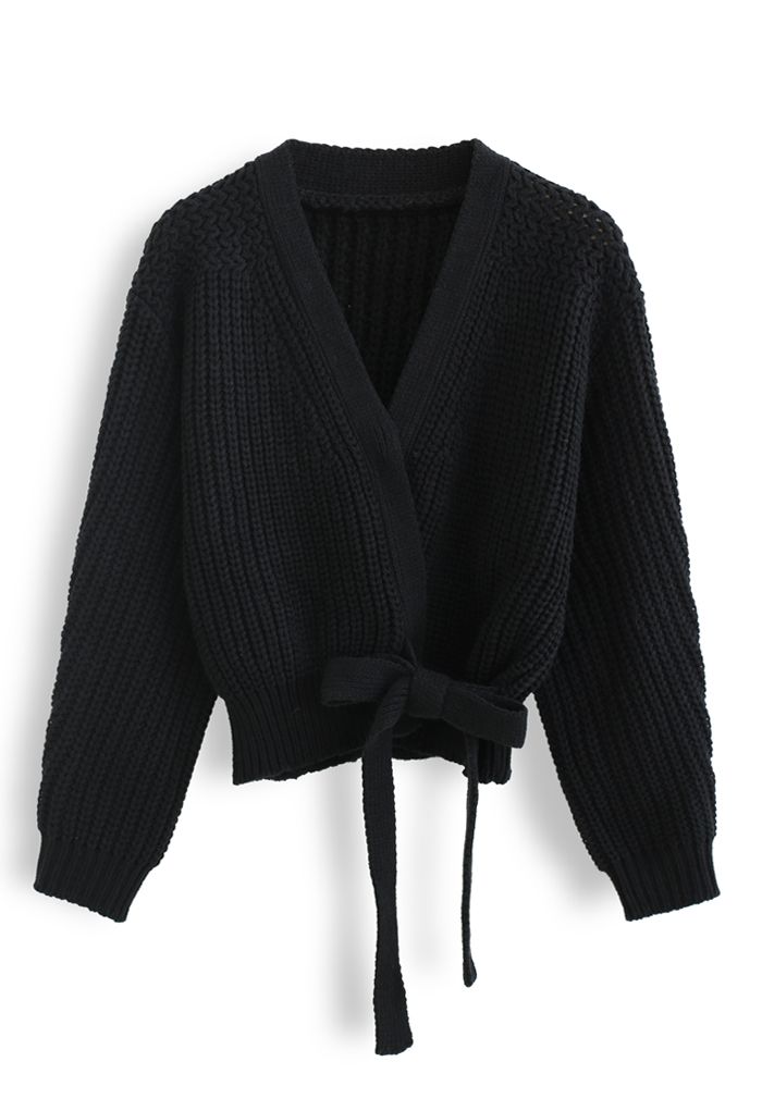 Avvolgere il maglione in maglia pesante Bowknot in nero