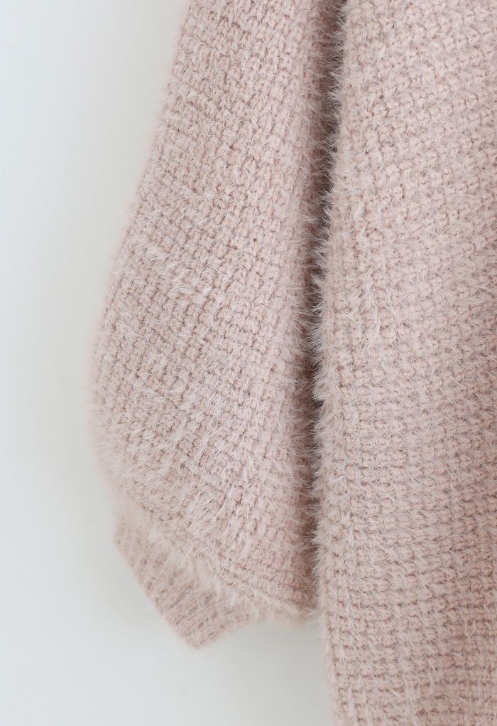 Cardigan in maglia a nido d'ape aperto sul davanti fuzzy in rosa polvere