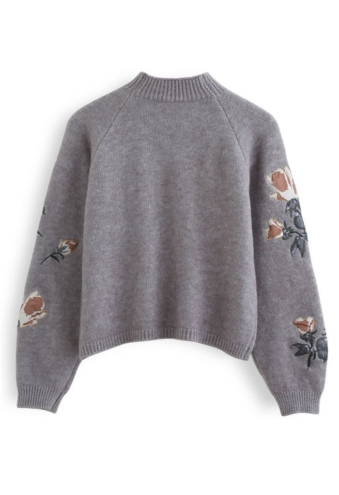 Maglione in maglia ricamato con stampa floreale digitale in grigio