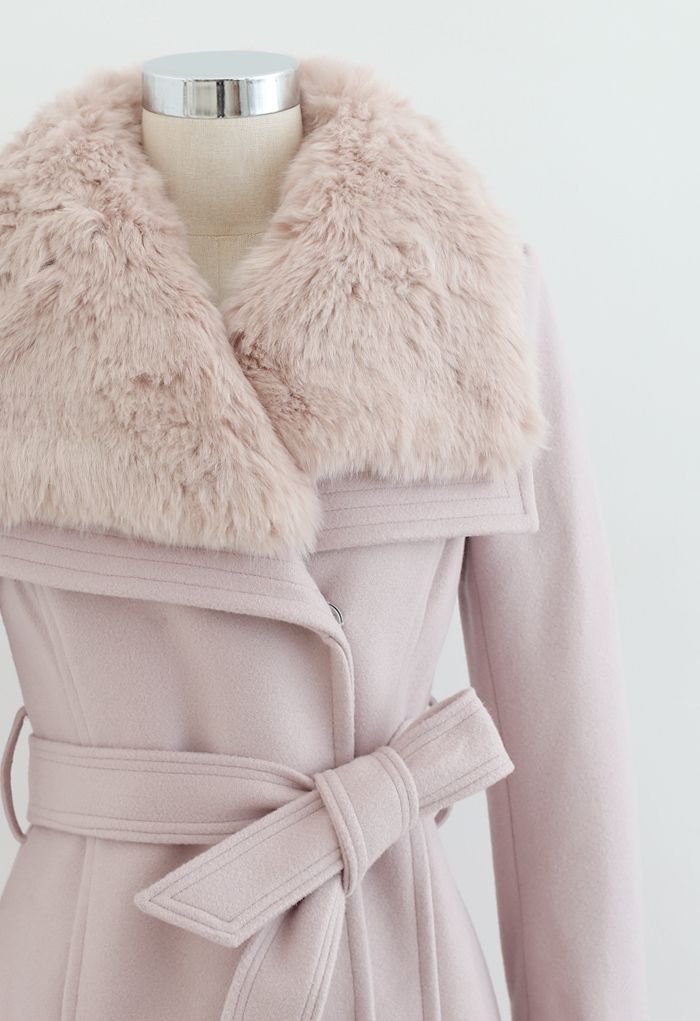 Cappotto in misto lana con revers largo in pelliccia sintetica rosa