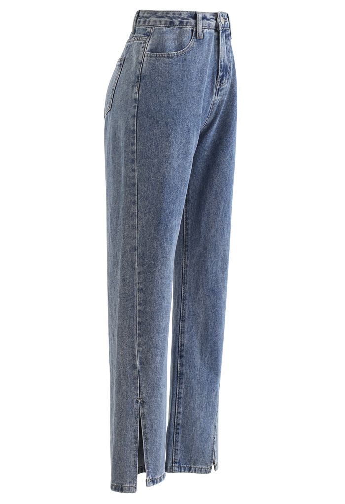 Jeans morbidi a vita alta con polsini a fessura in blu
