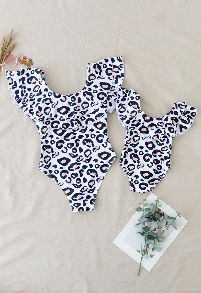 Costume da bagno con volant a strati con stampa leopardata per mamma e bambini