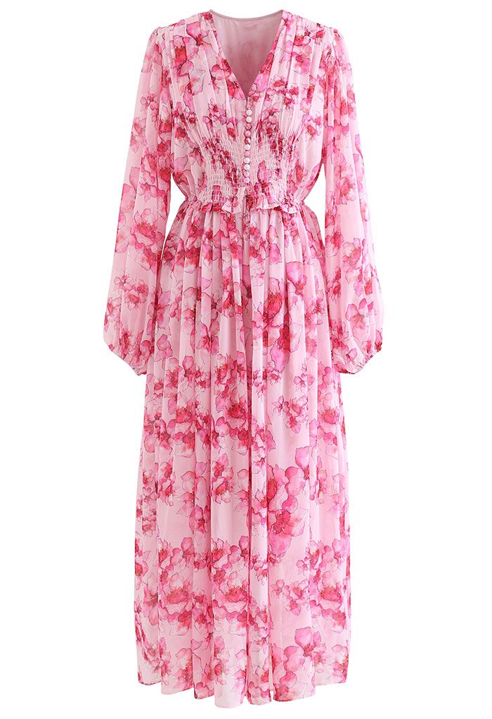Delicato vestito lungo arricciato floreale in rosa caldo