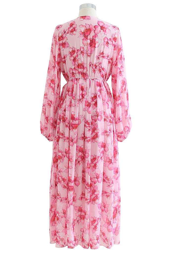 Delicato vestito lungo arricciato floreale in rosa caldo