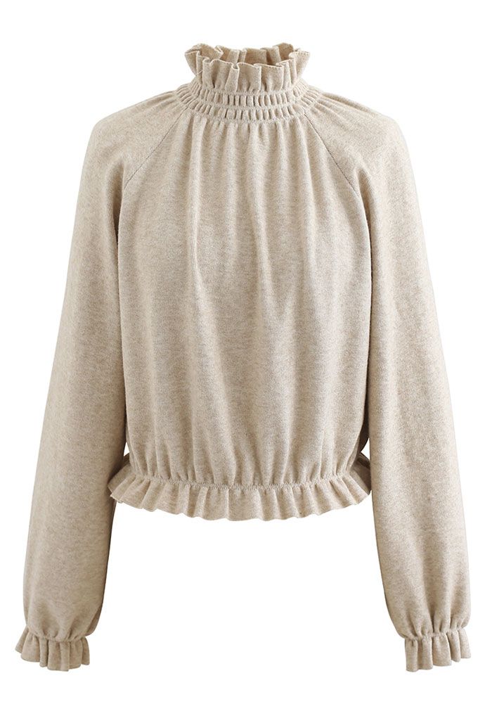Maglione corto in maglia con volant e collo alto color cammello