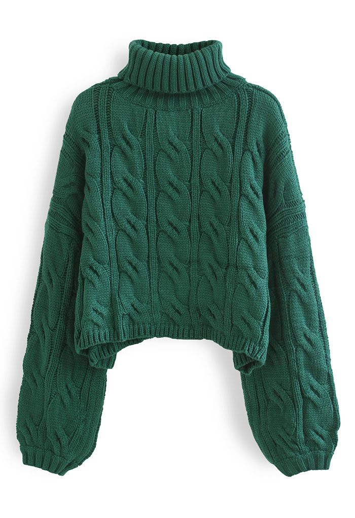 Maglione corto in maglia intrecciata a collo alto in verde