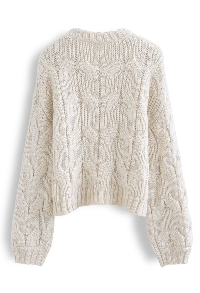 Maglione corto in maglia intrecciata con scollo tondo color sabbia