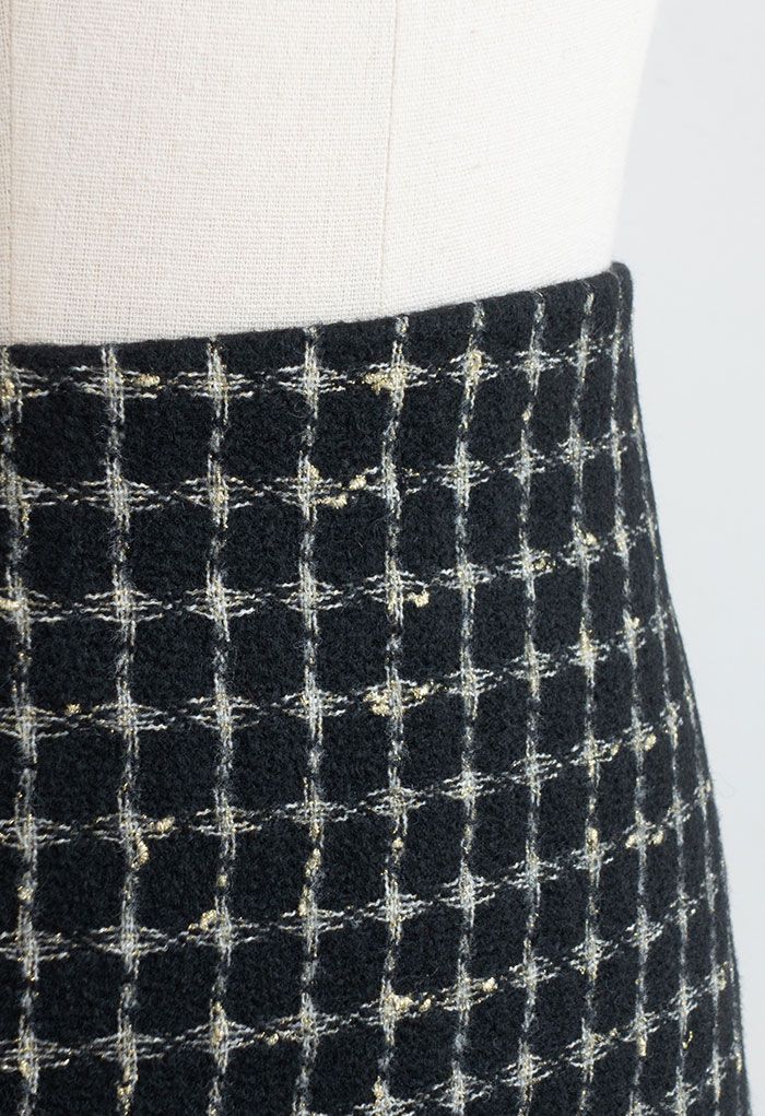 Minigonna in tweed a quadri metallizzati nera