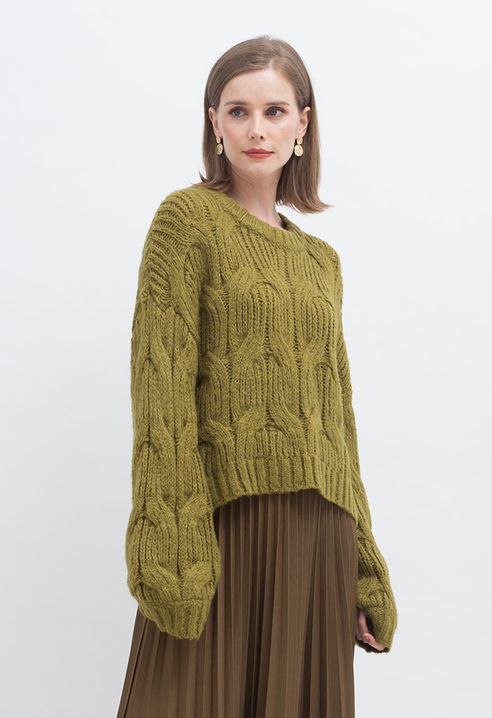 Maglione corto in maglia intrecciata con scollo tondo in verde muschio