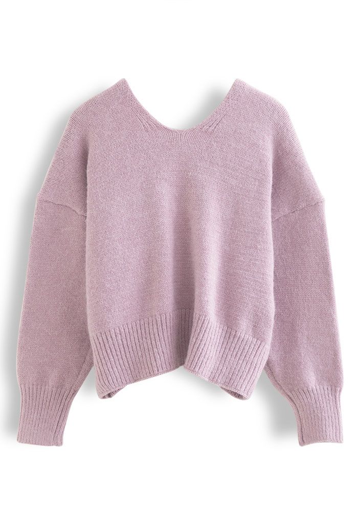 Maglione in maglia con scollo a V e toppa del battito cardiaco in lilla