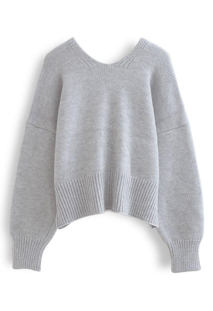 Maglione in maglia con scollo a V e toppa del battito cardiaco in grigio