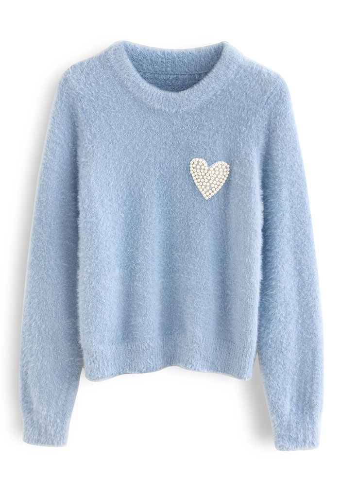 Maglione morbido in maglia fuzzy con toppa a cuore perlato in blu