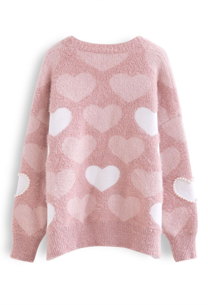 Cardigan in maglia fuzzy morbido con cuore a contrasto perlato in rosa