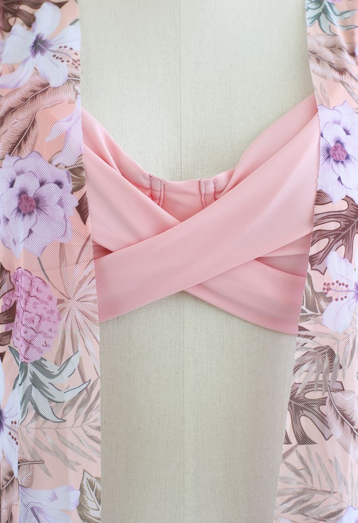 Set copricostume per bikini anteriore incrociato floreale fresco in rosa