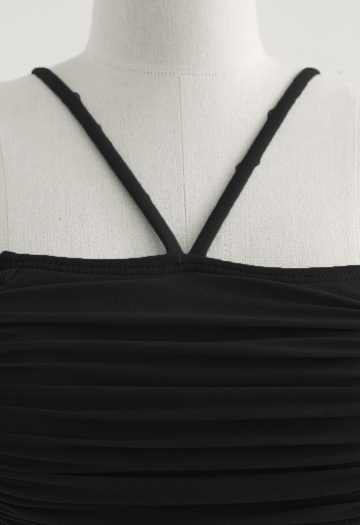 Set bikini a spalla fredda in rete arricciata in nero