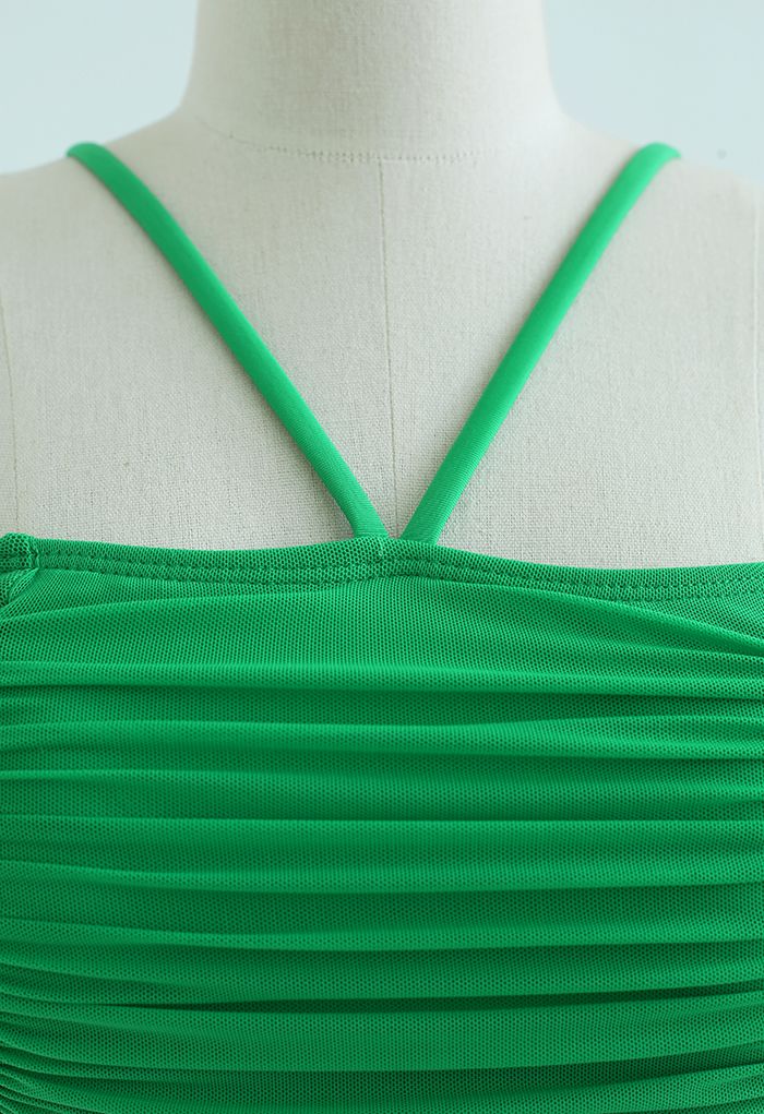 Set bikini con spalle scoperte in rete arricciata in verde
