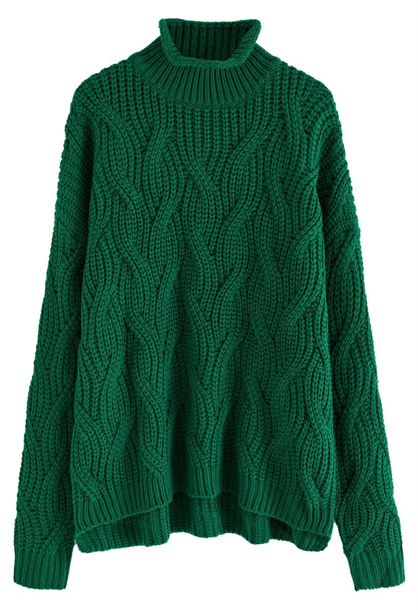 Maglione a collo alto intrecciato in maglia grossa color smeraldo