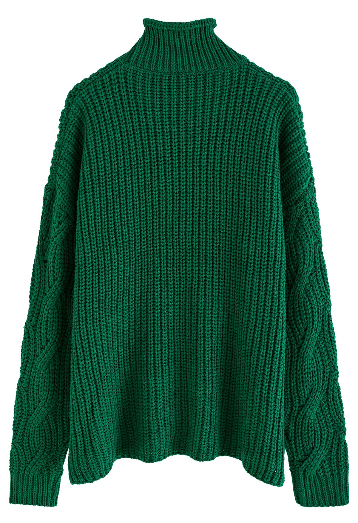 Maglione a collo alto intrecciato in maglia grossa color smeraldo
