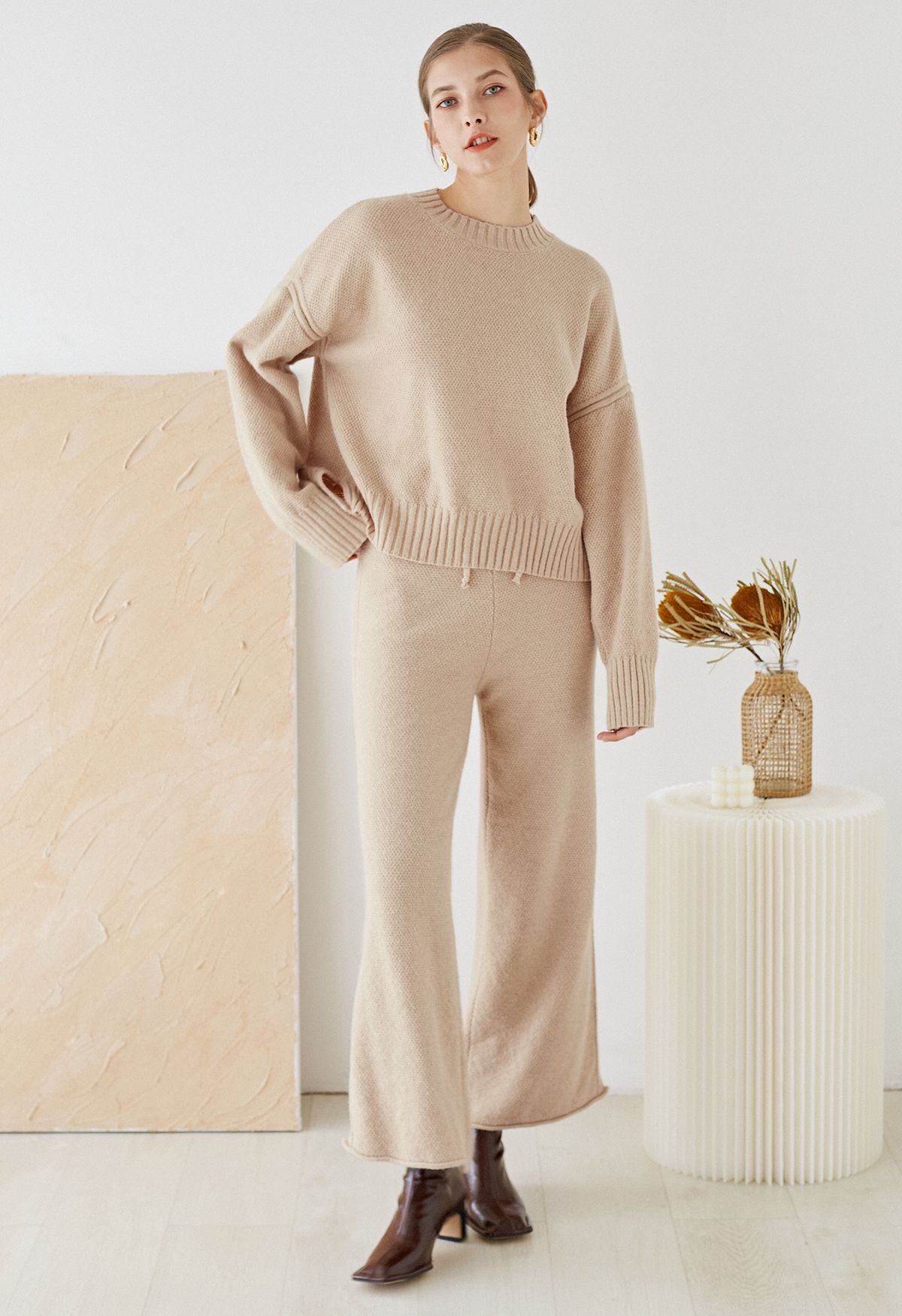 Set di maglione Hi-Lo a maglia waffle e pantaloni a gamba larga color cammello