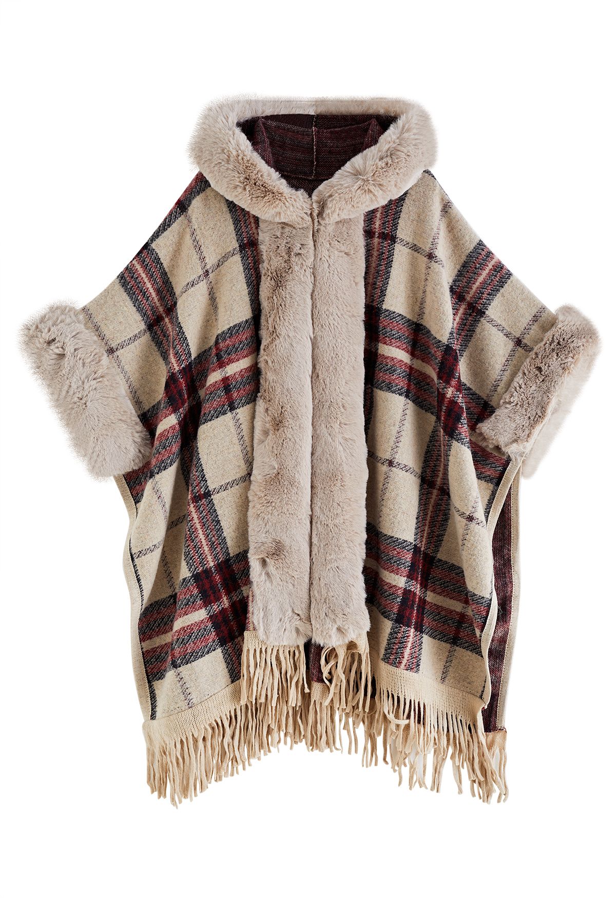 Poncho in misto lana scozzese con cappuccio e frange in pelliccia sintetica color cammello