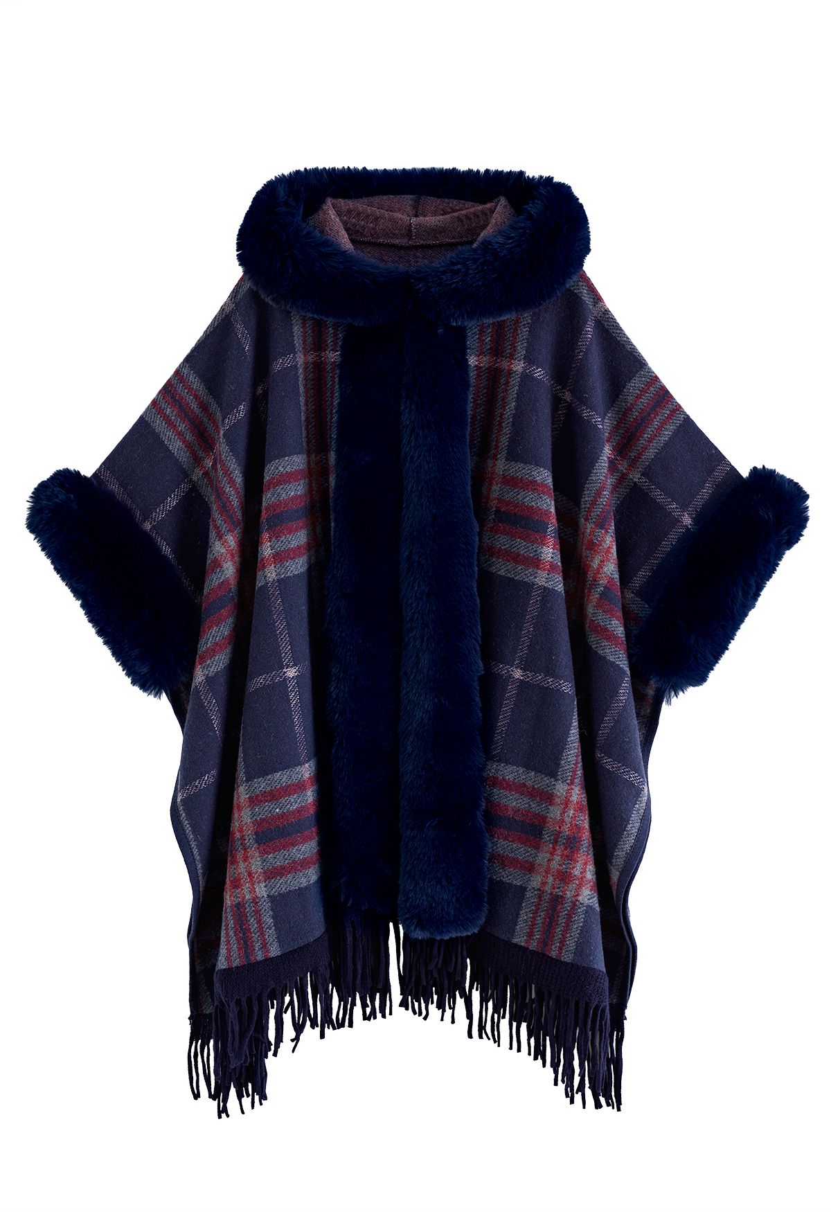Poncho con cappuccio in finta pelliccia con frange in misto lana scozzese blu navy