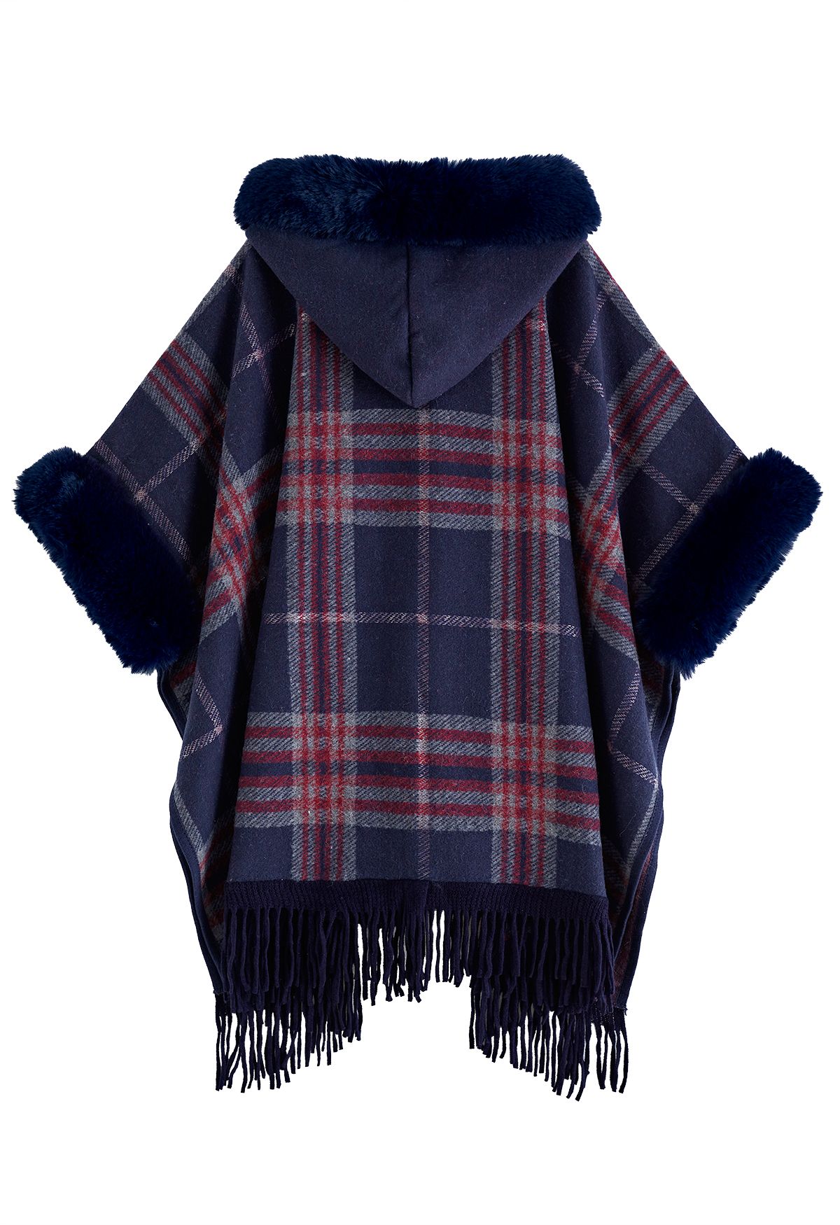 Poncho con cappuccio in finta pelliccia con frange in misto lana scozzese blu navy