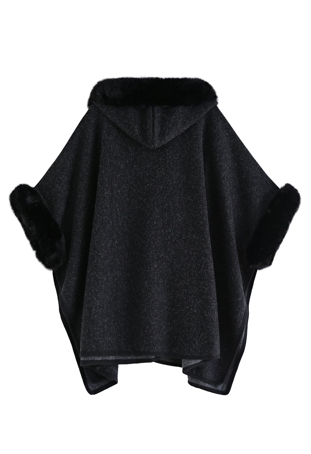 Poncho con cappuccio in pelliccia sintetica in misto lana di colore nero
