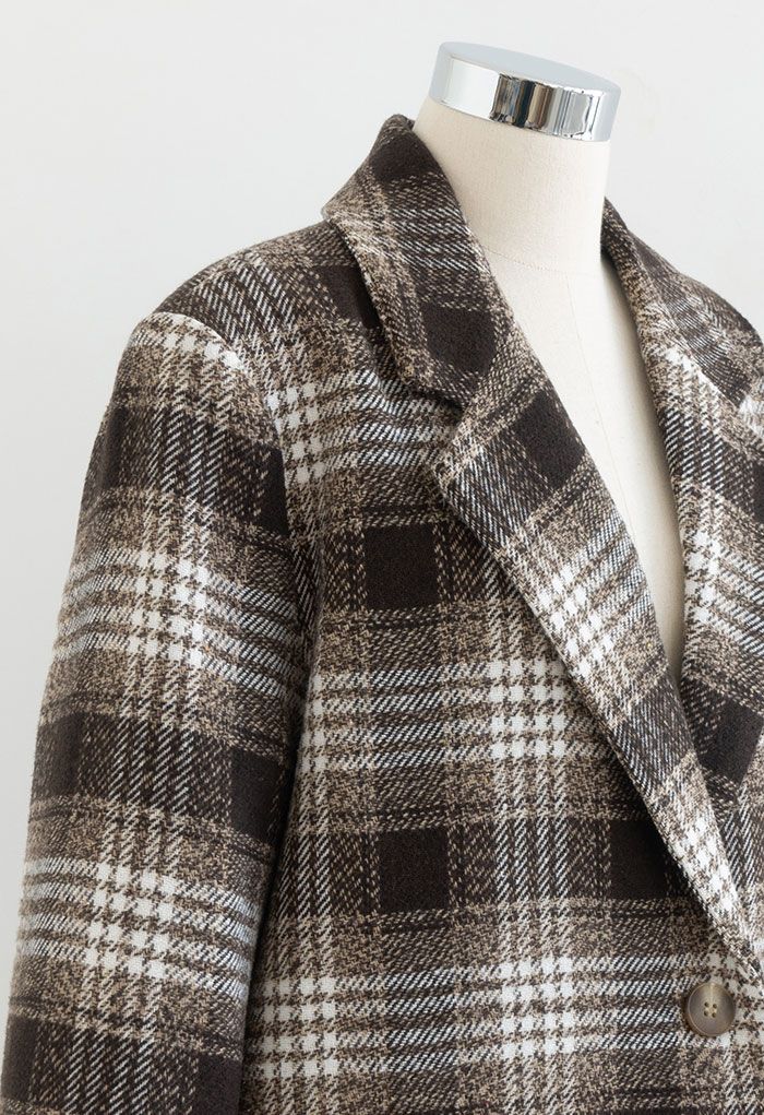 Cappotto lungo in misto lana scozzese marrone