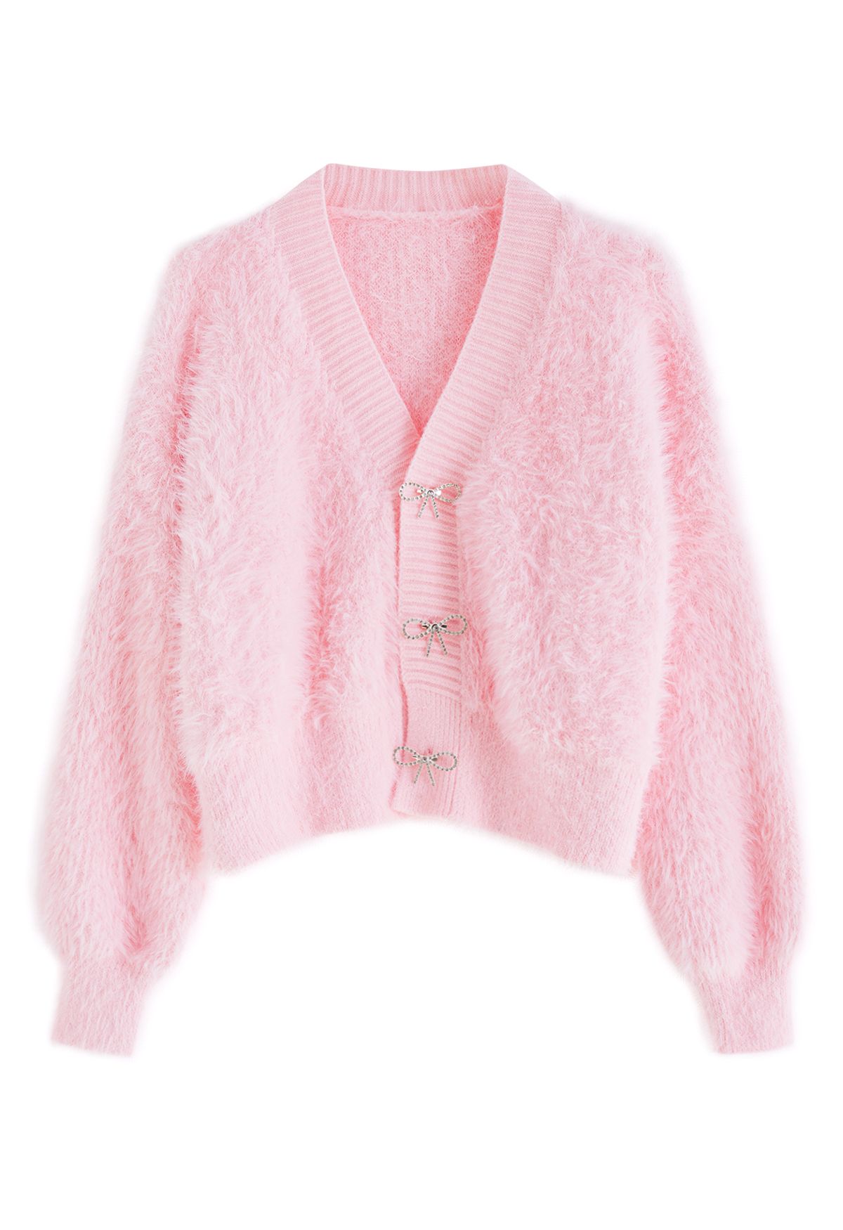 Cardigan in maglia sfocata con spilla con fiocco di diamanti in rosa