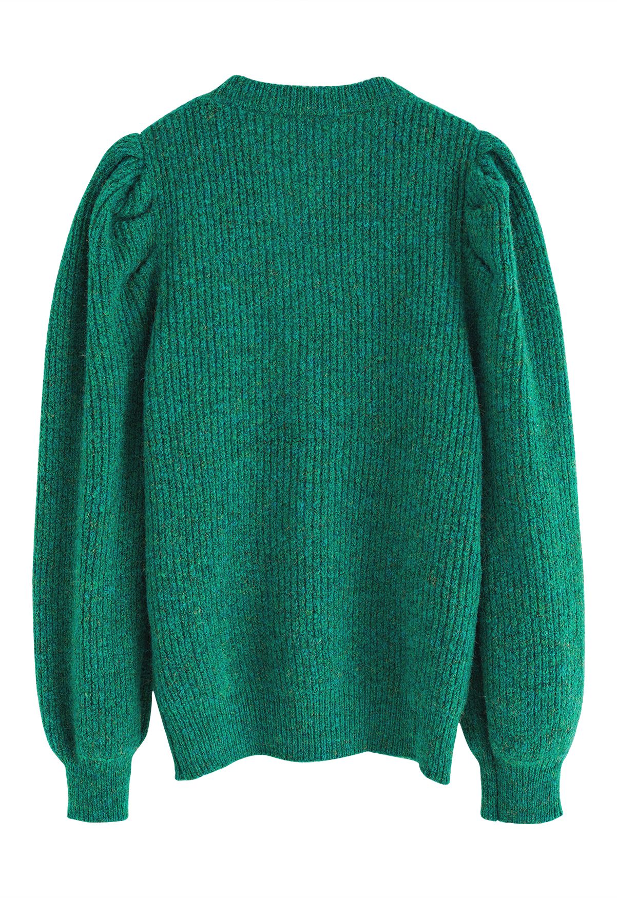 Maglione a costine con maniche a sbuffo in maglia mista in verde