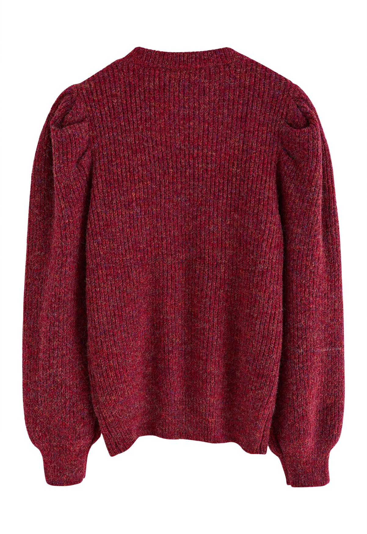 Maglione a costine con maniche a sbuffo in maglia mista rosso