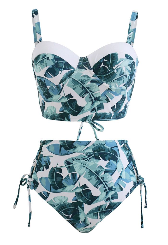 Set bikini con lacci sul retro con stampa di foglie