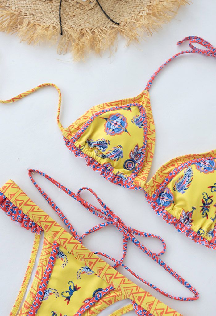 Set bikini Boho con lacci in giallo