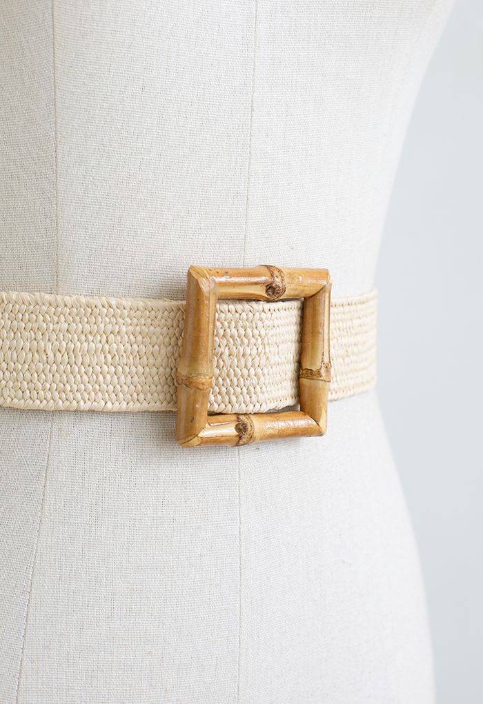 Cintura in paglia elastica con fibbia in bambù quadrata